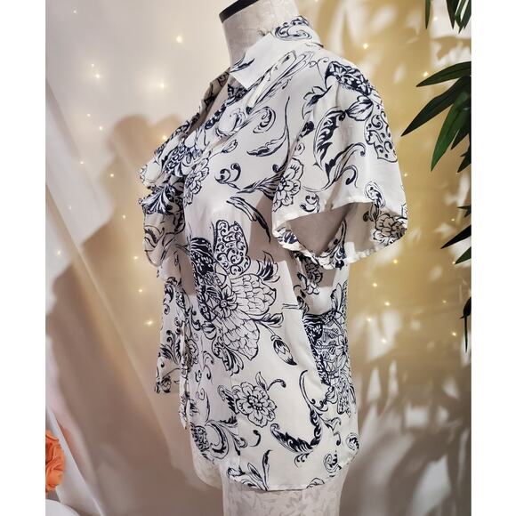 Vtg Talbots 100% Silk Floral Short Flutter Sleeve Button Ruffle Top Size 16 Y2K - Picture 2 of 9